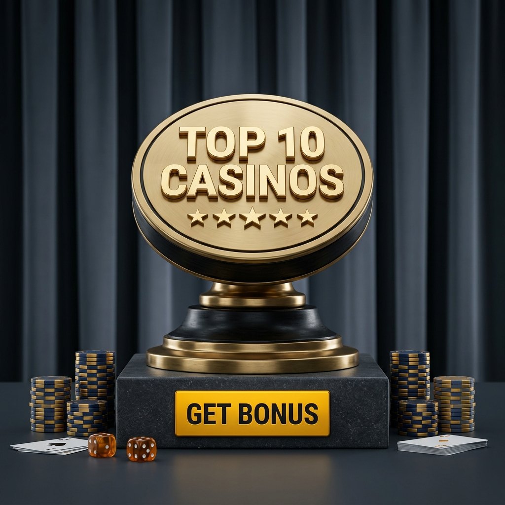 Gold award trophy surrounded by casino chips, dice and playing cards